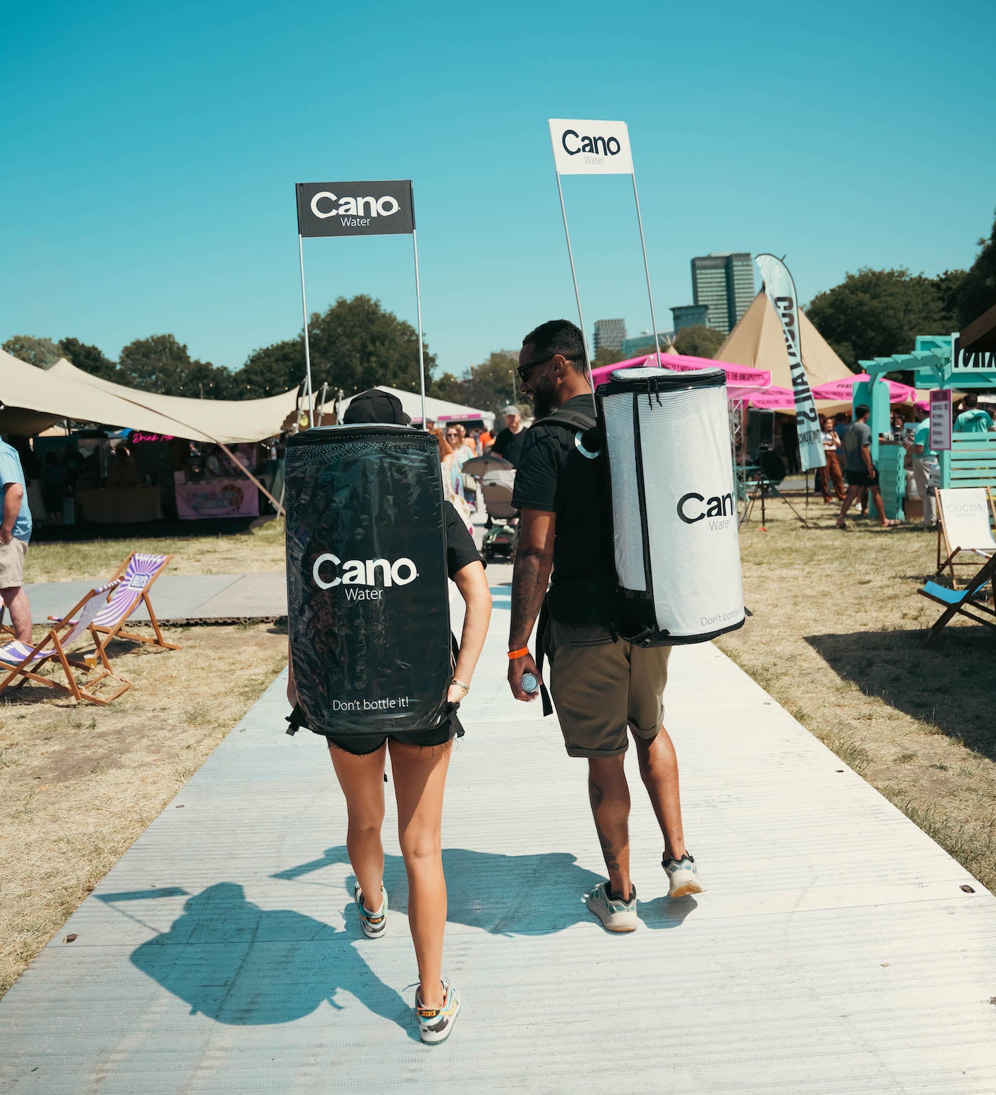 CANO Water drinks vending backpacks at a festival event