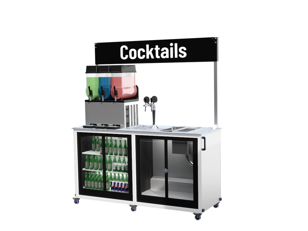 Cocktail mobile bar with draught cocktail taps, ice bucket and a slush machine - view from an angle