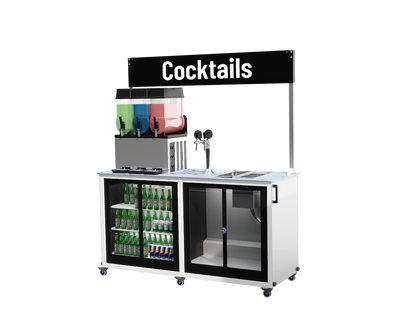 Cocktail mobile bar with draught cocktail taps, ice bucket and a slush machine - view from an angle