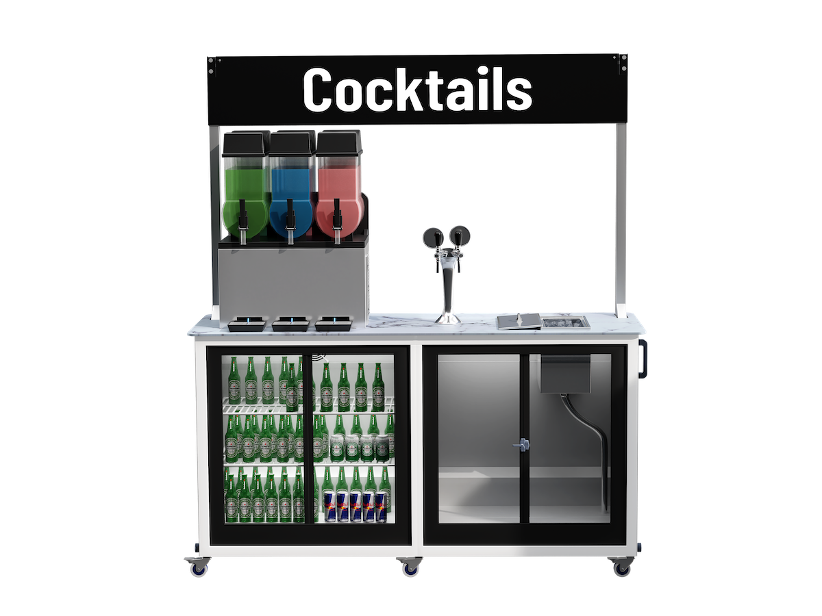 Cocktail mobile bar with draught cocktail taps, ice bucket and a slush machine - view from the back