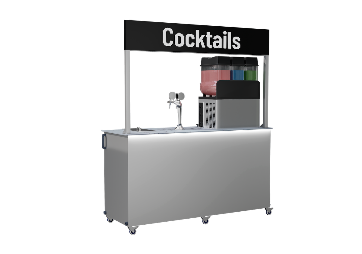 Cocktail mobile bar with draught cocktail taps, ice bucket and a slush machine - view from the front