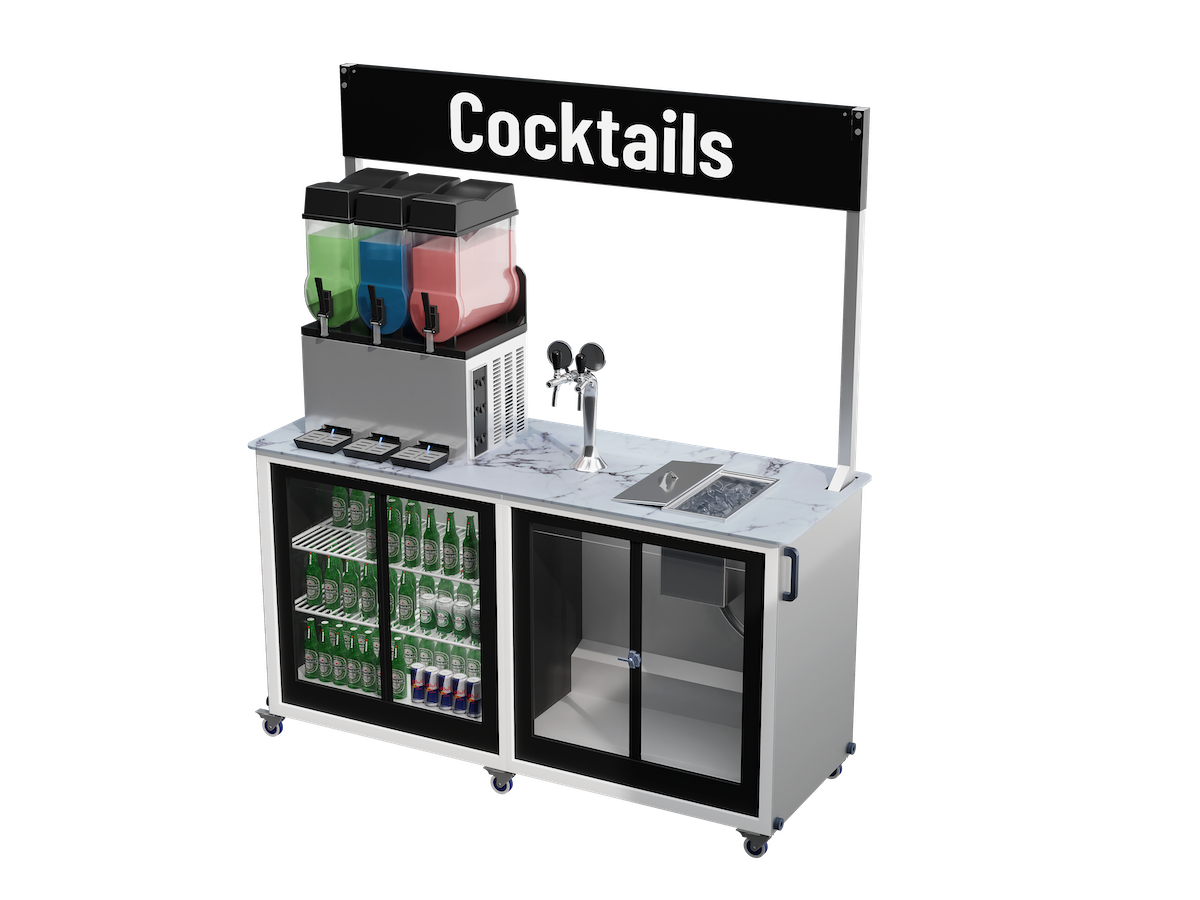Cocktail mobile bar with draught cocktail taps, ice bucket and a slush machine - view from the top