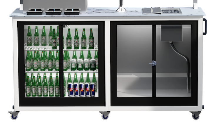 Large lockable storage on the cocktail mobile bar with draught cocktail taps