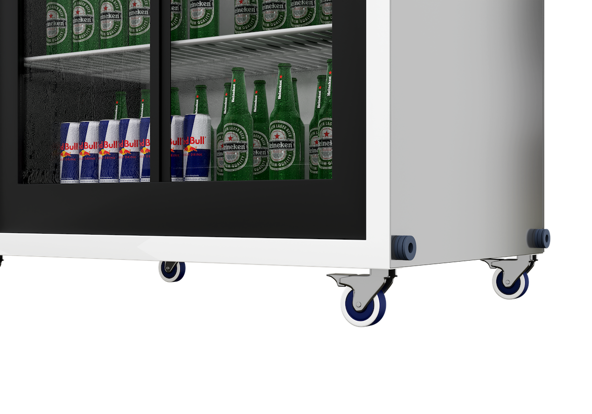 Mobile bar for packaged drinks vending close view of caster wheels