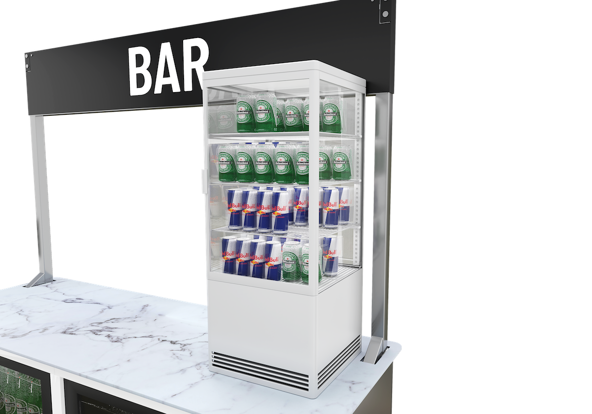 Mobile bar for packaged drinks vending - close view of the countertop fridge