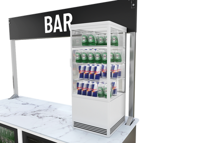Mobile bar for packaged drinks vending - close view of the countertop fridge