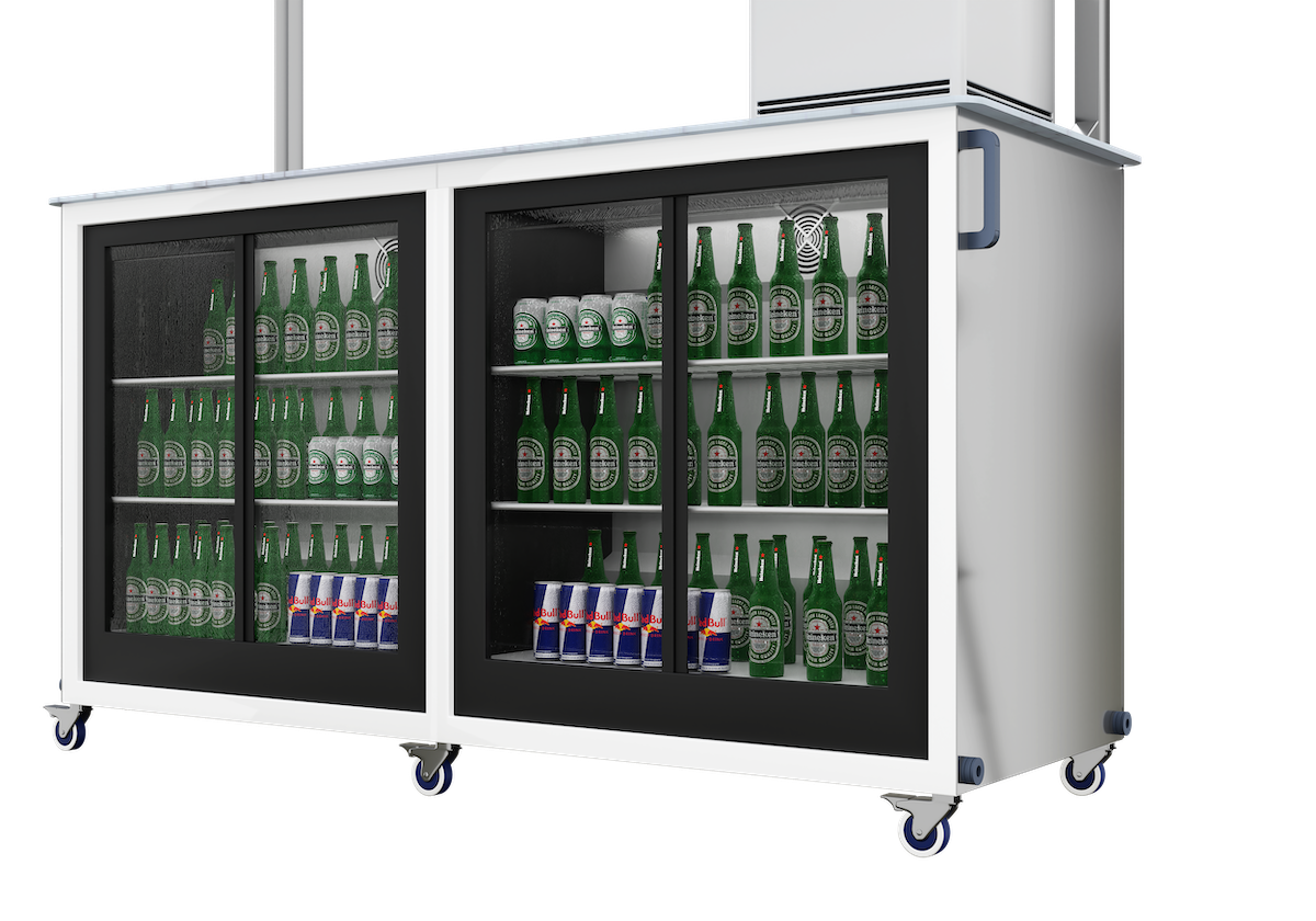 Mobile bar for packaged drinks vending, server side close-up fridge view