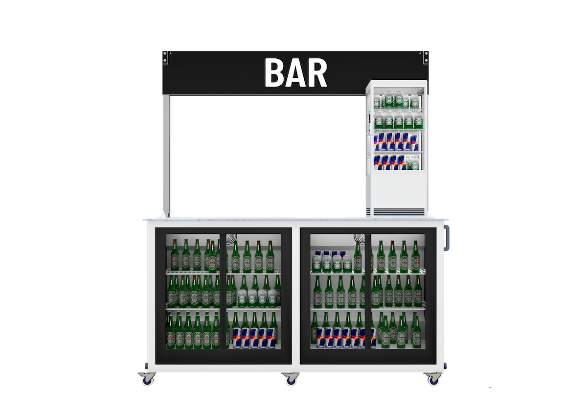 Mobile bar for packaged drinks vending - server side view