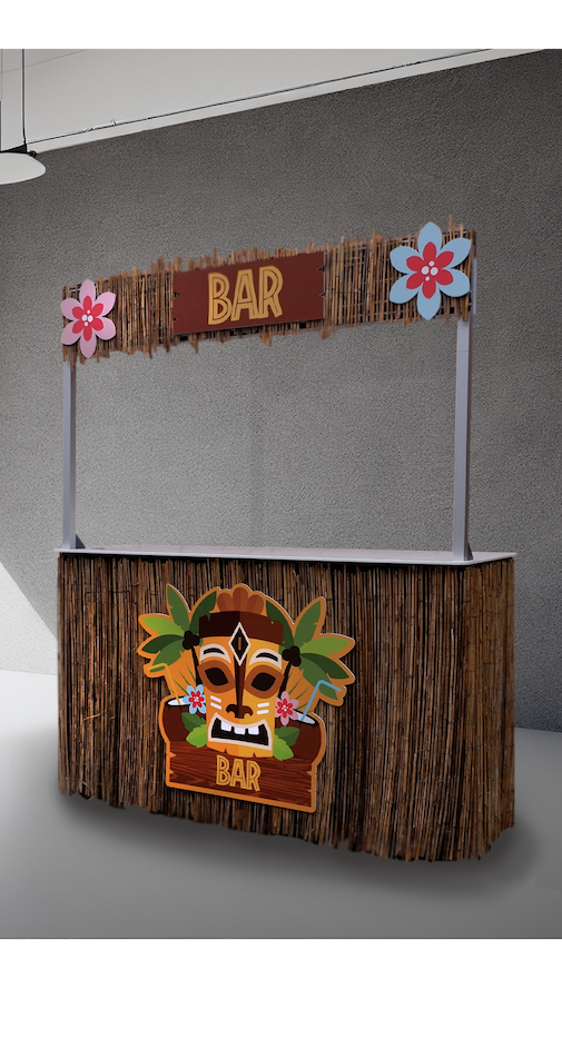 Tiki branded mobile vending bar in an event room