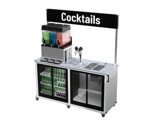 Cocktail mobile bar with draught cocktail taps, ice bucket and a slush machine - view from the top