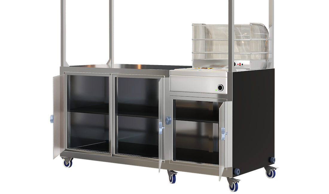 Mobile hot food vending unit with large, lockable under counter storage